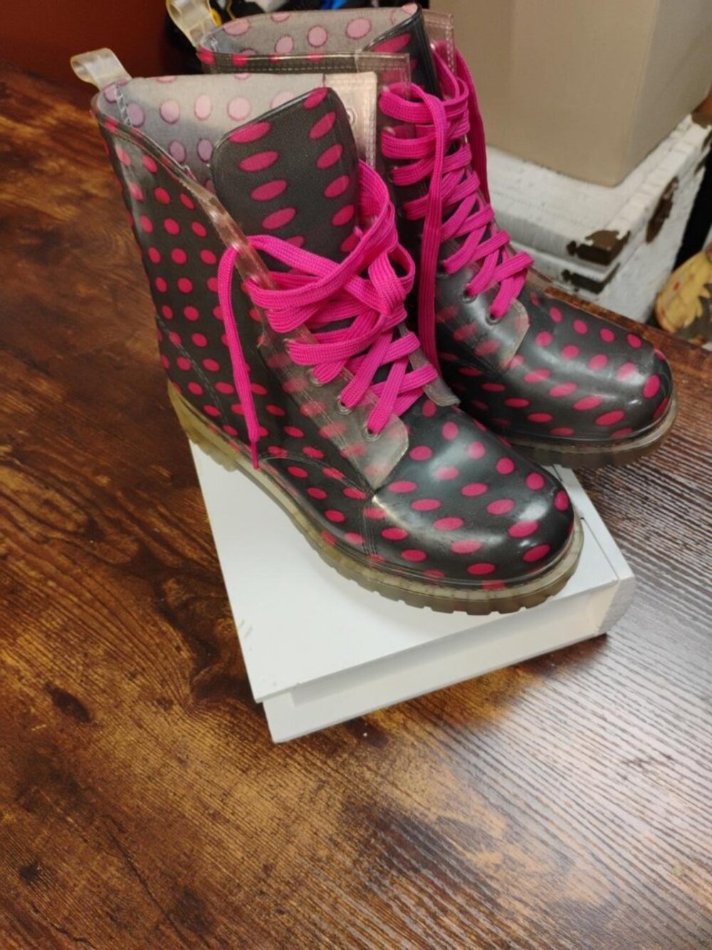 Bongo Pink Polka Dot Clear Combat Rain Boots Lace Up Size 9 - Picture 2 of 4